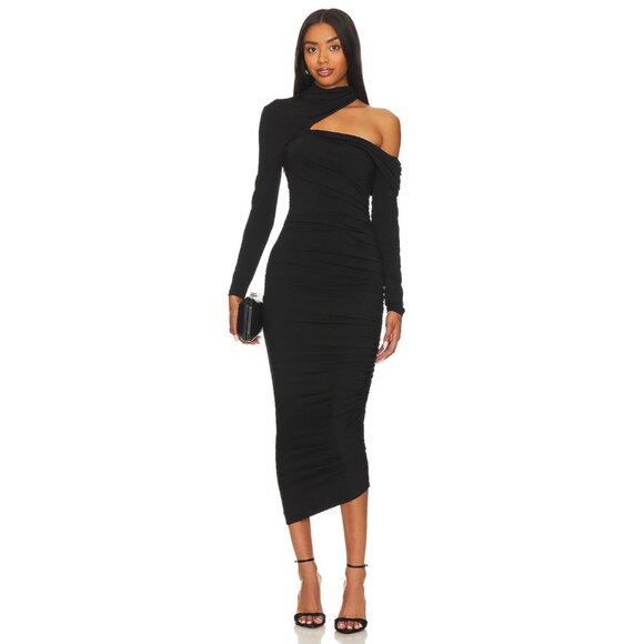 Revolve Misha Dress Clotilde Black One Shoulder Long Sleeve Ruched - Picture 1 of 14